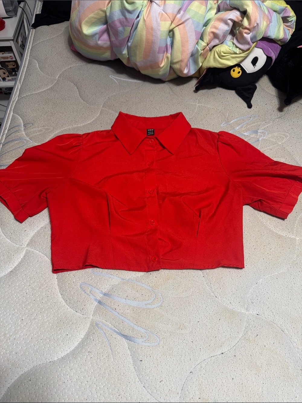 Red Cropped Button-Up Shirt